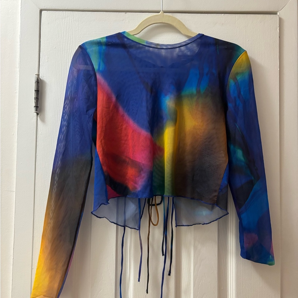 Zara Blue and Red Crop Top with Long Sleeves and Tie Front